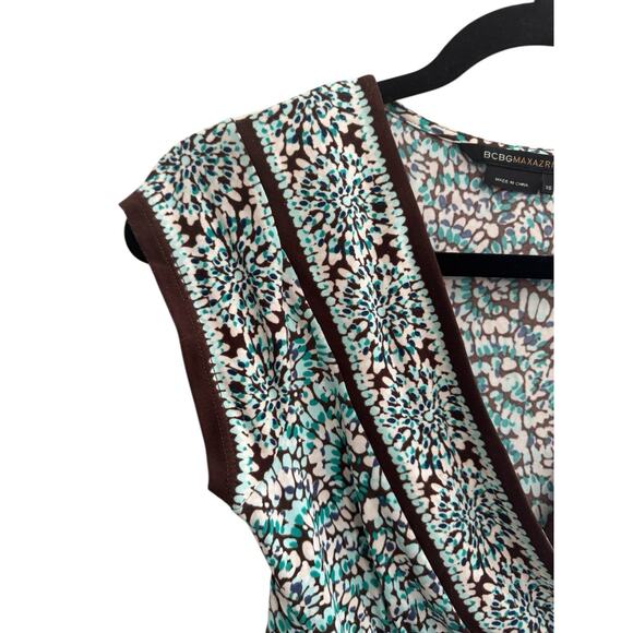 BCBG MaxAzria XS Aqua Brown Floral print faux wrap tie top #4487 - Picture 2 of 12